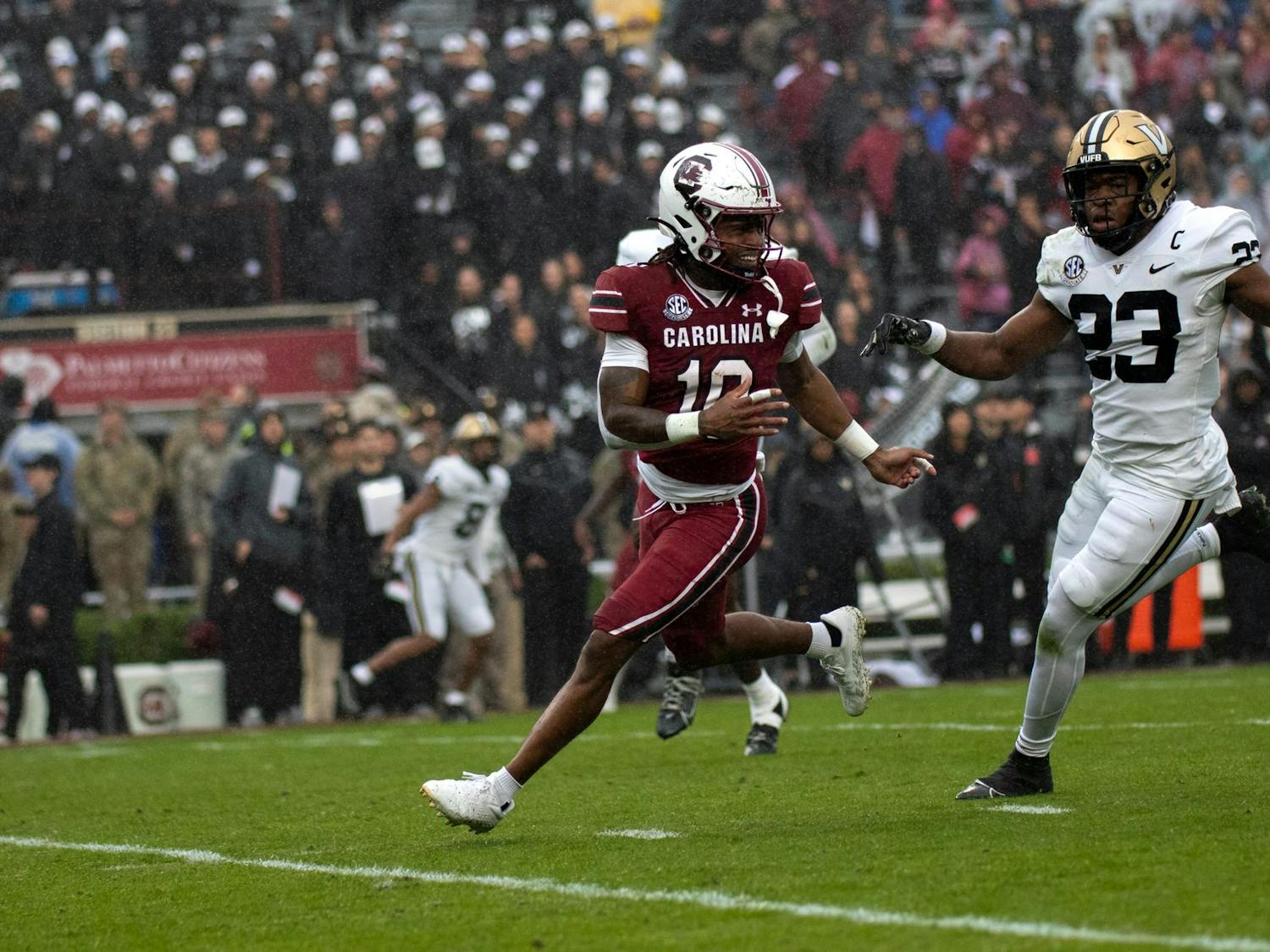 Fifth-year wide receiver Ahmarean Brown turns to look for the ball at Williams-Brice Stadium on Nov. 11, 2023. Brown received three balls for 44 yards and scored one touchdown for the Gamecocks during its 47-6 victory against the Commodores.
