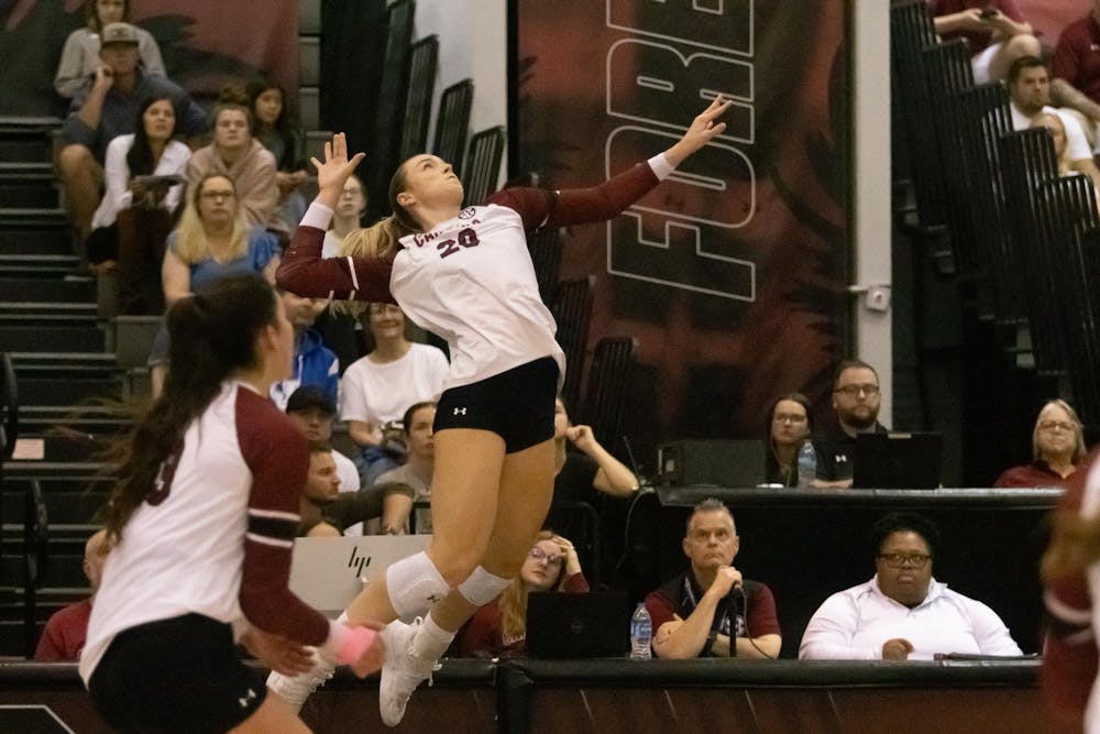 <p>Graduate outside hitter Riley Whitesides goes up for a hit in South Carolina's match against Kentucky on Nov. 1, 2024. Whitesides ended the match with a total of 12 kills.</p>