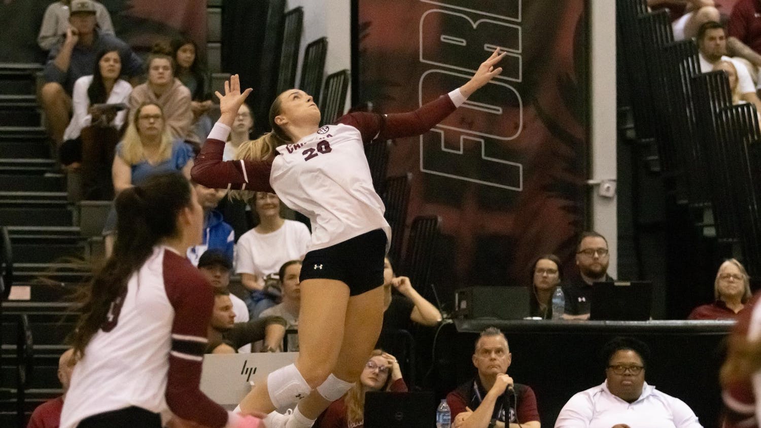 Graduate outside hitter Riley Whitesides goes up for a hit in South Carolina's match against Kentucky on Nov. 1, 2024. Whitesides ended the match with a total of 12 kills.