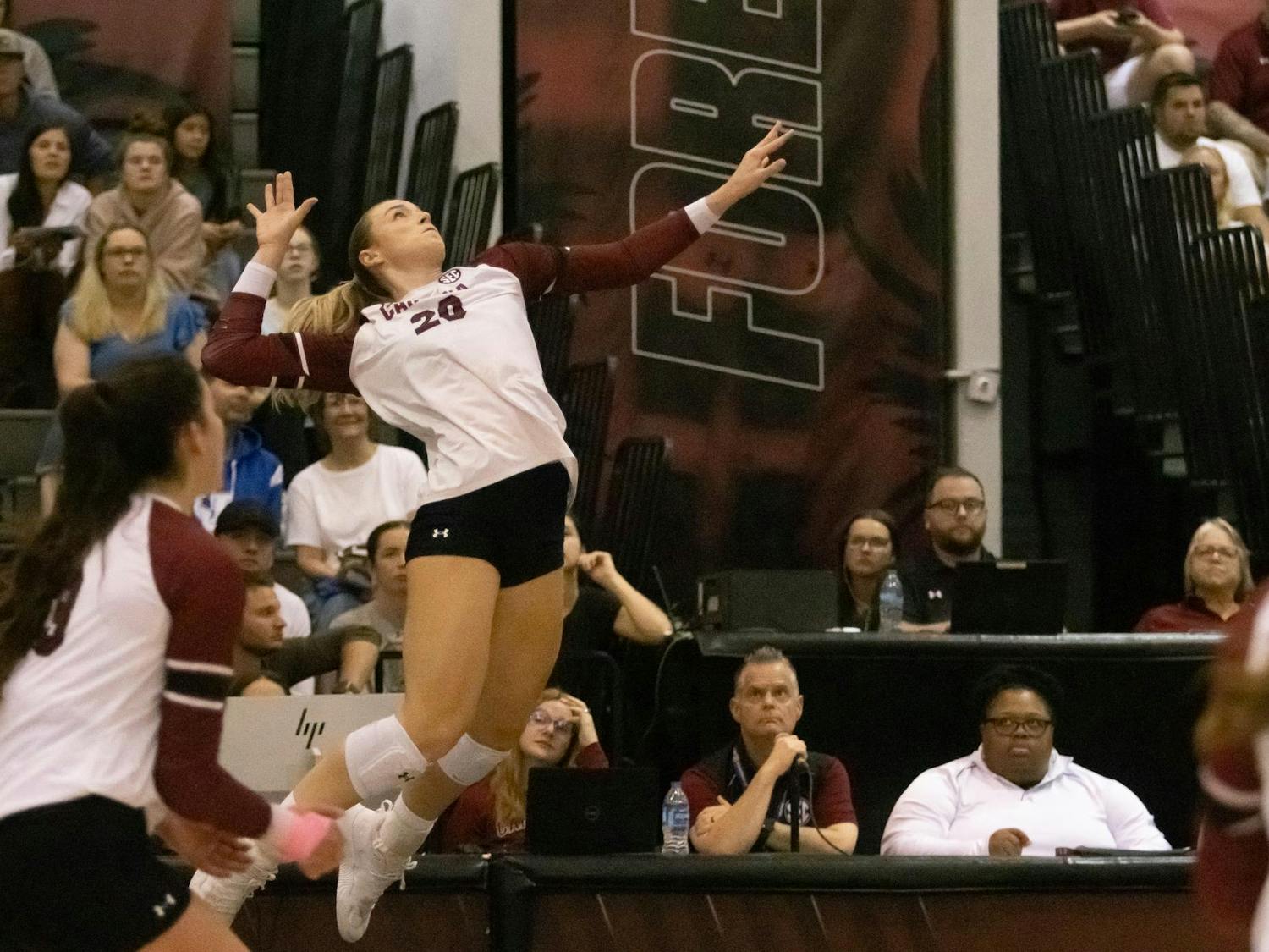 Graduate outside hitter Riley Whitesides goes up for a hit in South Carolina's match against Kentucky on Nov. 1, 2024. Whitesides ended the match with a total of 12 kills.