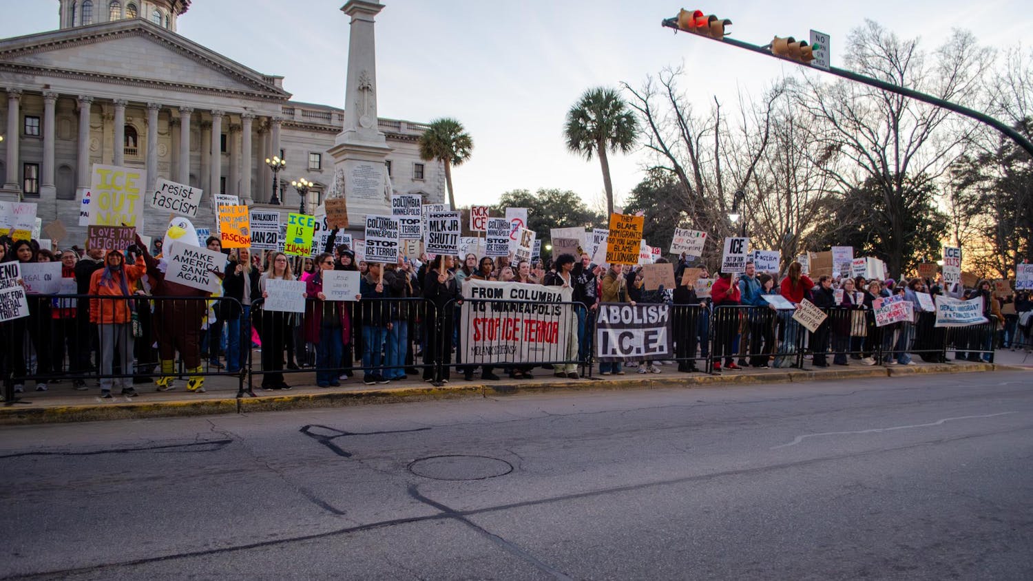 On Jan. 20, 2026, the first anniversary of Donald Trump's second administration, some USC students walked out of their classes to protest its actions, particularly those of U.S. Immigration and Customs Enforcement. Later, those students joined with others at the South Carolina State House and in a march down Main Street to demonstrate the power of protest.