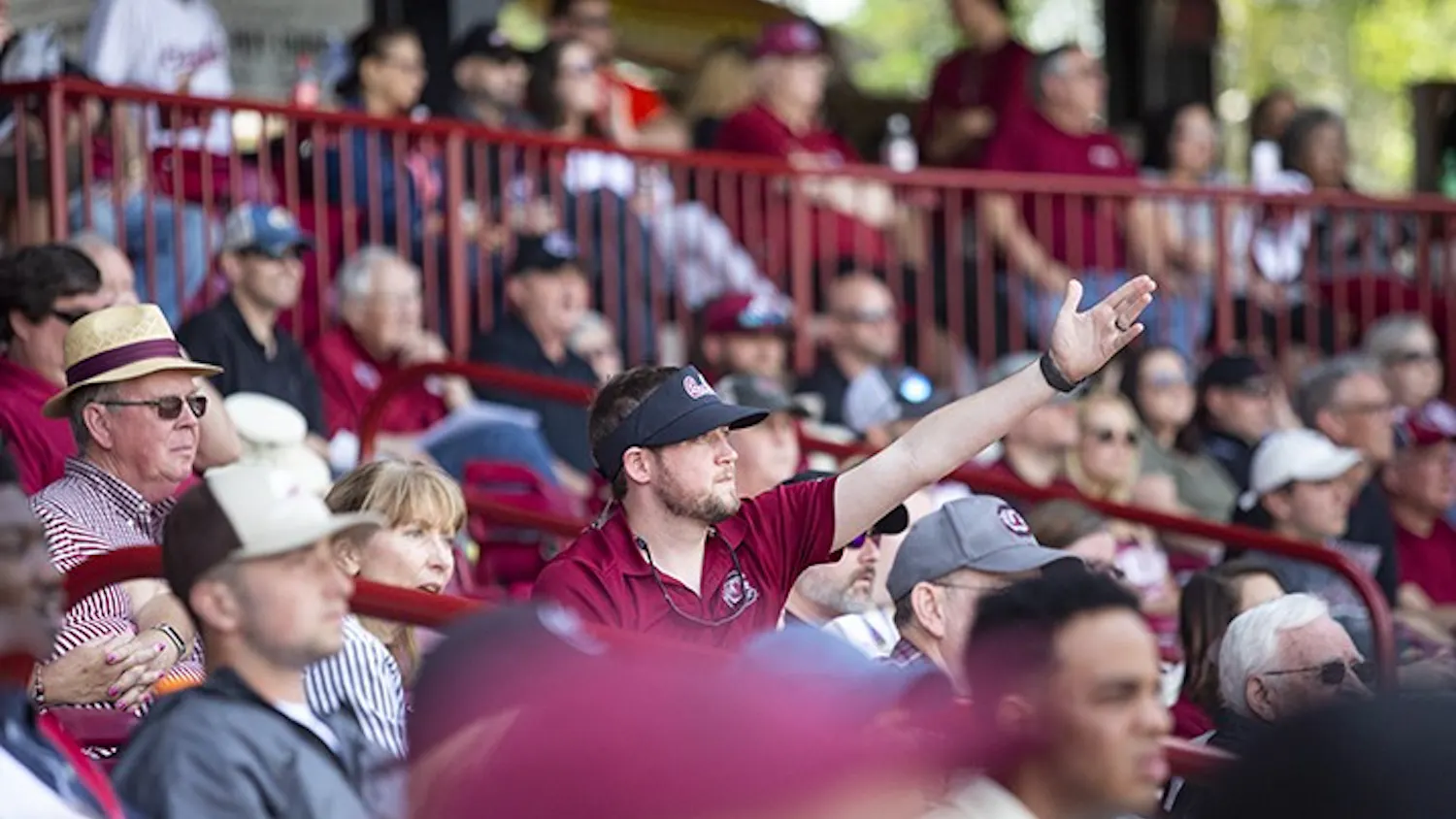 Upset with a call, a South Carolina fan throws their hands up in frustration during the second game against Auburn at Founders Park in 2019.