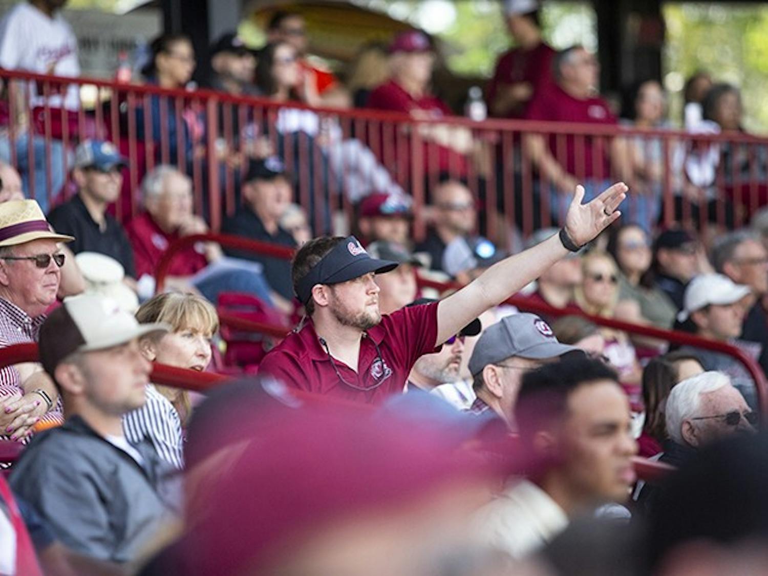 Upset with a call, a South Carolina fan throws their hands up in frustration during the second game against Auburn at Founders Park in 2019.