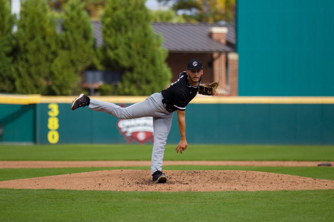 Senior pitcher Noah Hall pitches on Nov. 5, 2022, in the Gamecocks' Garnet and Black scrimmage. Hall, pitching for the Black team, was selected in the 20th round of the 2022 MLB First-Year Player Draft by the Milwaukee Brewers.&nbsp;