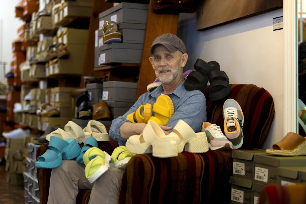 <p>Columbia shoe store owner Kelly Tabor poses with Sorel goods in his store on April 10, 2024. Tabor owns Good for the Sole Shoes &amp; Accessories located at 728 Saluda Ave. in Five Points.</p>