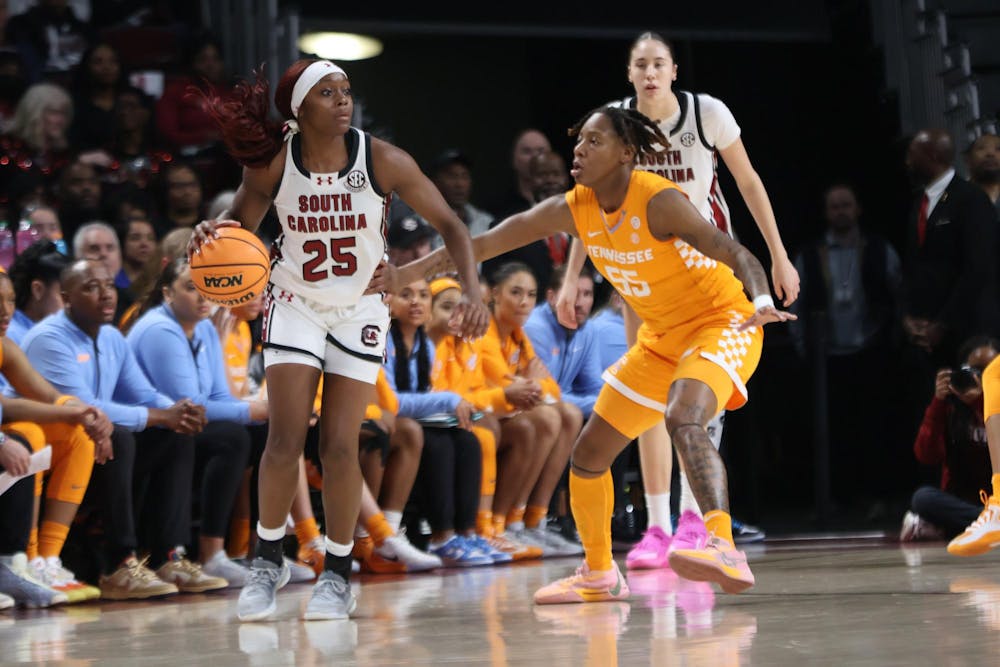 <p>FILE — Senior guard Raven Johnson getting around the Tennessee defenders during the game on Feb. 8, 2026. The Gamecocks handed Tennessee its biggest Southeastern Conference loss in program history.</p>