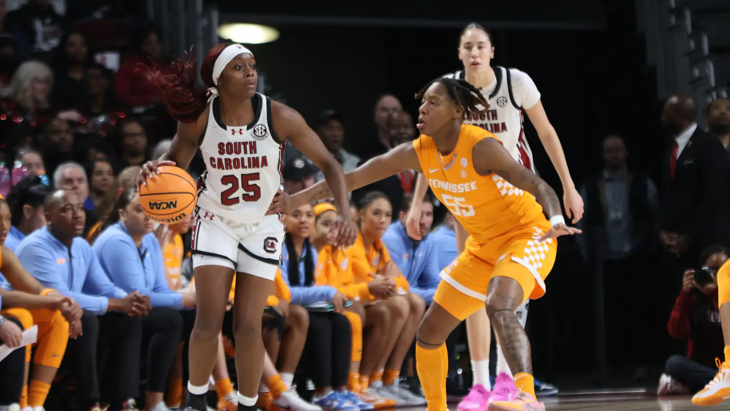 FILE — Senior guard Raven Johnson getting around the Tennessee defenders during the game on Feb. 8, 2026. The Gamecocks handed Tennessee its biggest Southeastern Conference loss in program history.