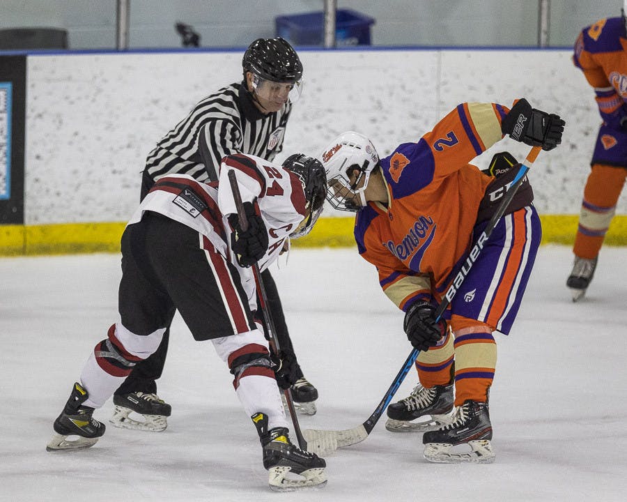 Sophomore winger Brody Smojice gets ready to face off against Clemson during Gamecock club hockey’s first rivalry game of the season at Flight Adventure Park in Irmo, South Carolina, on Nov. 11, 2022. The Gamecocks beat the Tigers 5-4.