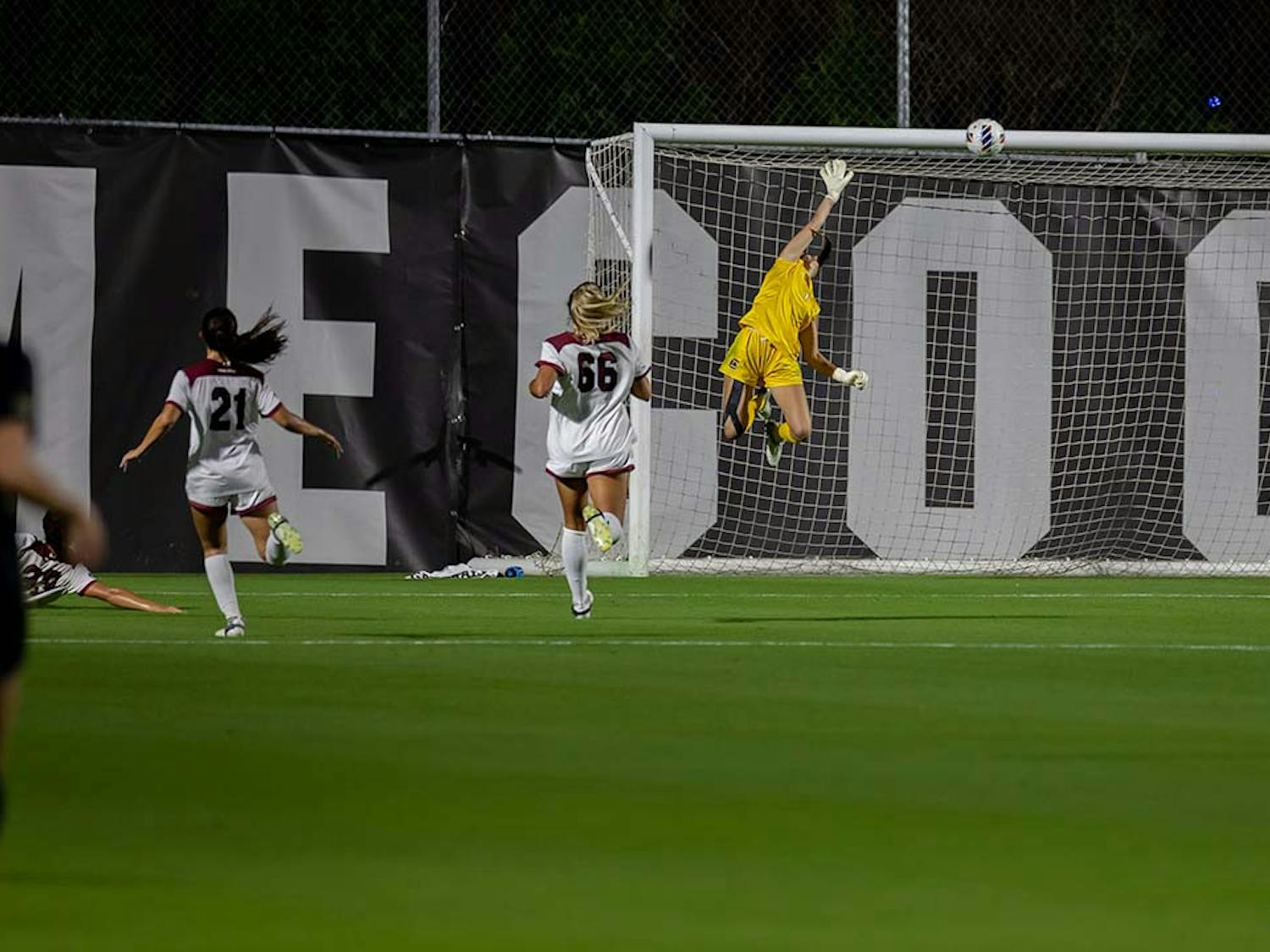 Senior goalkeeper Heather Hinz blocks a a Wake Forest shot on goal. Hinz played all 90 minutes of the game and help South Carolina shutout Wake Forest 2-0 in the NCAA Tournament matchup on Nov. 12, 2022.