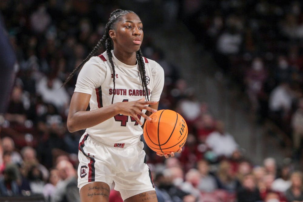 Freshman guard Saniya Rivers prepares to pass during a game on Feb. 17, 2022 at Colonial Life Arena in Columbia, SC. The Gamecocks beat Auburn 75-38.