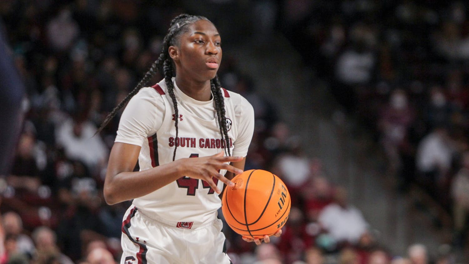 Freshman guard Saniya Rivers prepares to pass during a game on Feb. 17, 2022 at Colonial Life Arena in Columbia, SC. The Gamecocks beat Auburn 75-38.