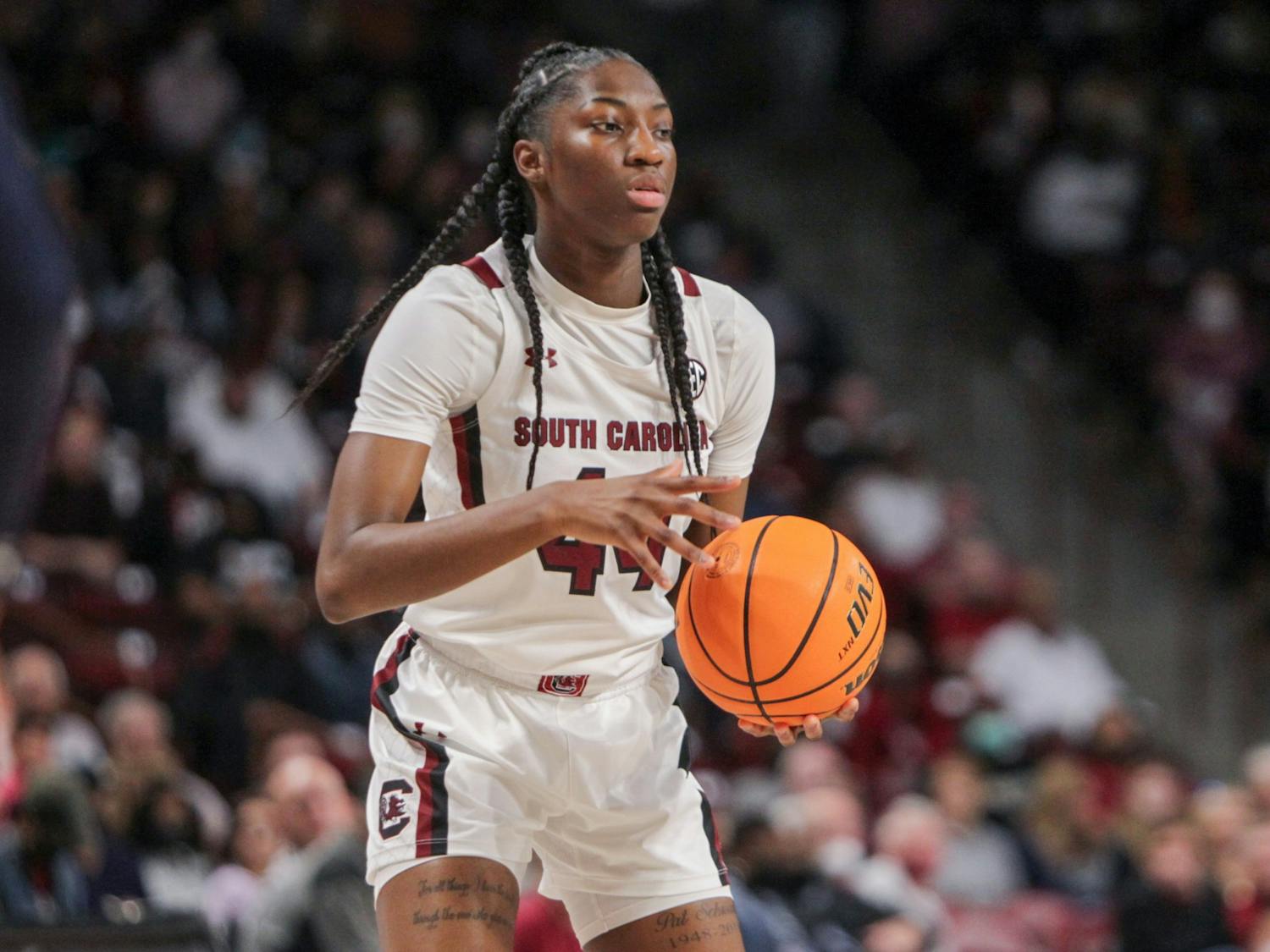 Freshman guard Saniya Rivers prepares to pass during a game on Feb. 17, 2022 at Colonial Life Arena in Columbia, SC. The Gamecocks beat Auburn 75-38.