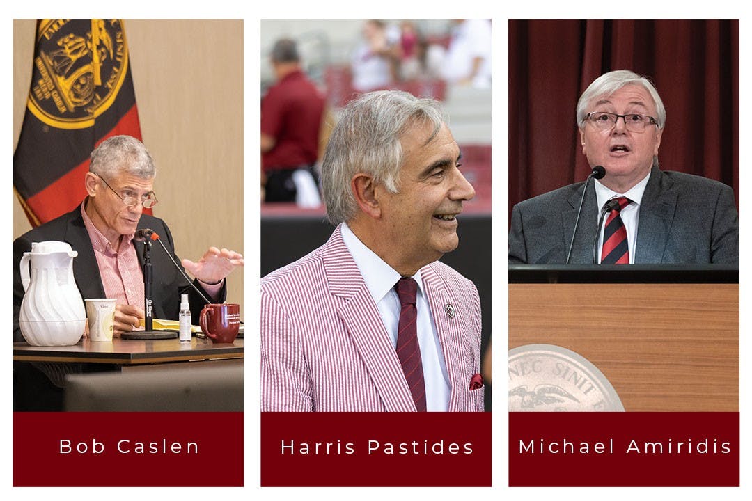 Former university President Bob Caslen, interim university President Harris Pastides, and university President-Elect Michael Amiridis. Caslen served from July 2019 to May 2021, Pastides from May 2021 to the Summer of 2022, and Amiridis will start during the summer of 2022.