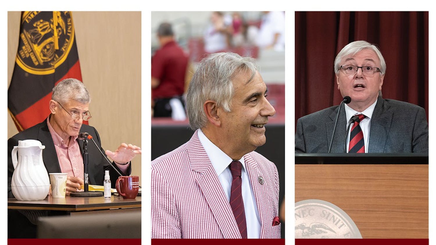 Former university President Bob Caslen, interim university President Harris Pastides, and university President-Elect Michael Amiridis. Caslen served from July 2019 to May 2021, Pastides from May 2021 to the Summer of 2022, and Amiridis will start during the summer of 2022.