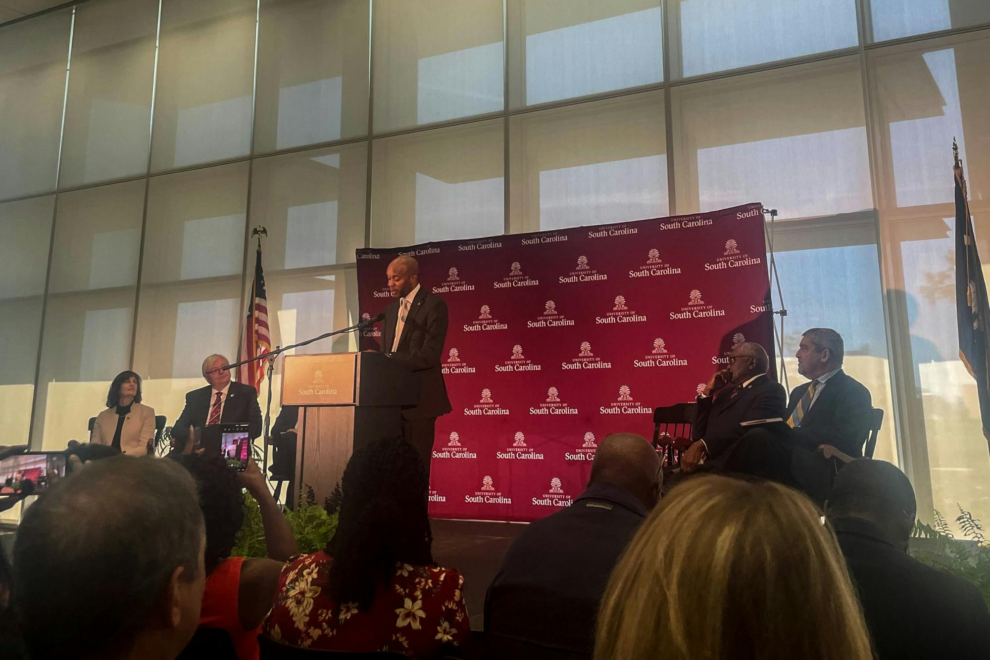 Associate Professor Bobby Donaldson speaks to the crowd after being selected as the first recipient of the endowed chair on Thursday morning on Oct. 20, 2022. An endowed chair is considered one of the highest honors a USC faculty member can receive.