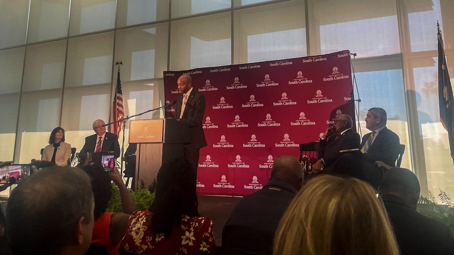 Associate Professor Bobby Donaldson speaks to the crowd after being selected as the first recipient of the endowed chair on Thursday morning on Oct. 20, 2022. An endowed chair is considered one of the highest honors a USC faculty member can receive.