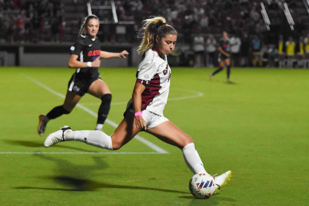 <p>Junior defender Gracie Falla kicks the ball down the field during South Carolina's match against Florida on Oct. 10, 2024 at Stone Stadium. The conference matchup ended with the Gamecocks defeating the Gators 2-0.</p>