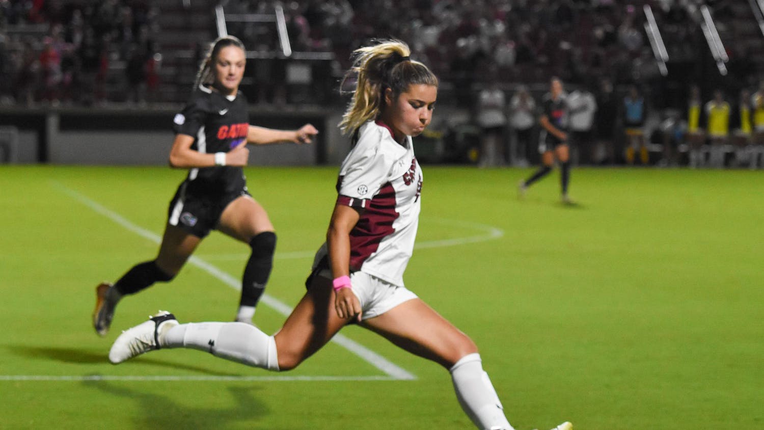 Junior defender Gracie Falla kicks the ball down the field during South Carolina's match against Florida on Oct. 10, 2024 at Stone Stadium. The conference matchup ended with the Gamecocks defeating the Gators 2-0.