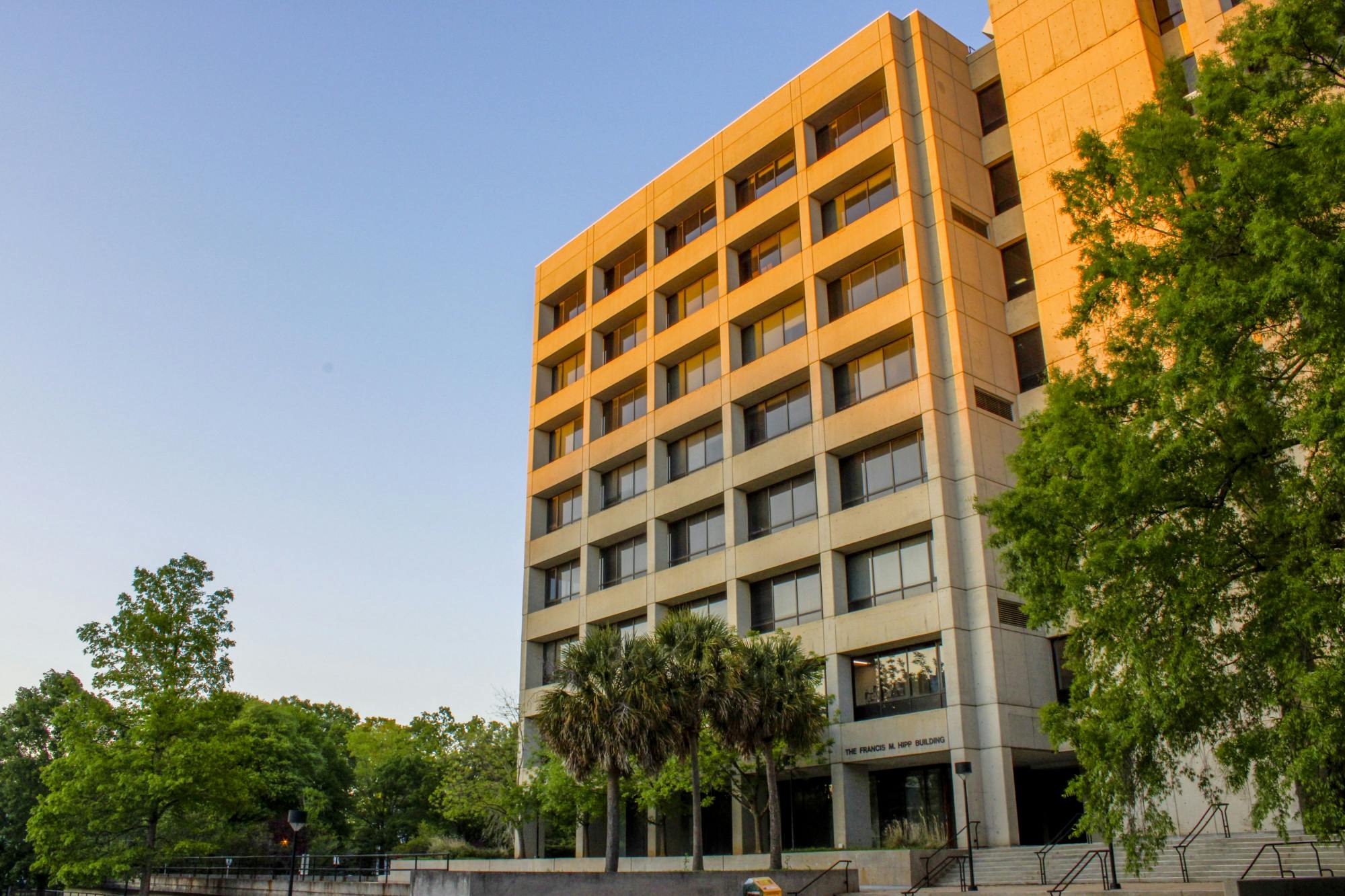The side of the Francis M. Hipp building on April 9, 2023. The USC advising office, located on the third floor of the building, offers academic and career advising to students.&nbsp;