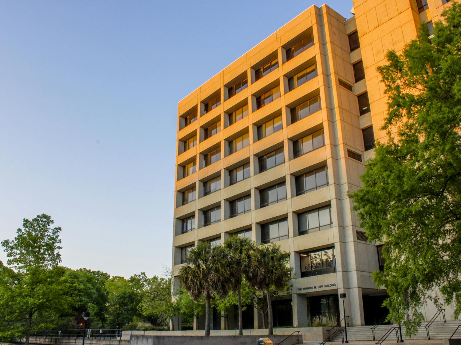 The side of the Francis M. Hipp building on April 9, 2023. The USC advising office, located on the third floor of the building, offers academic and career advising to students.&nbsp;