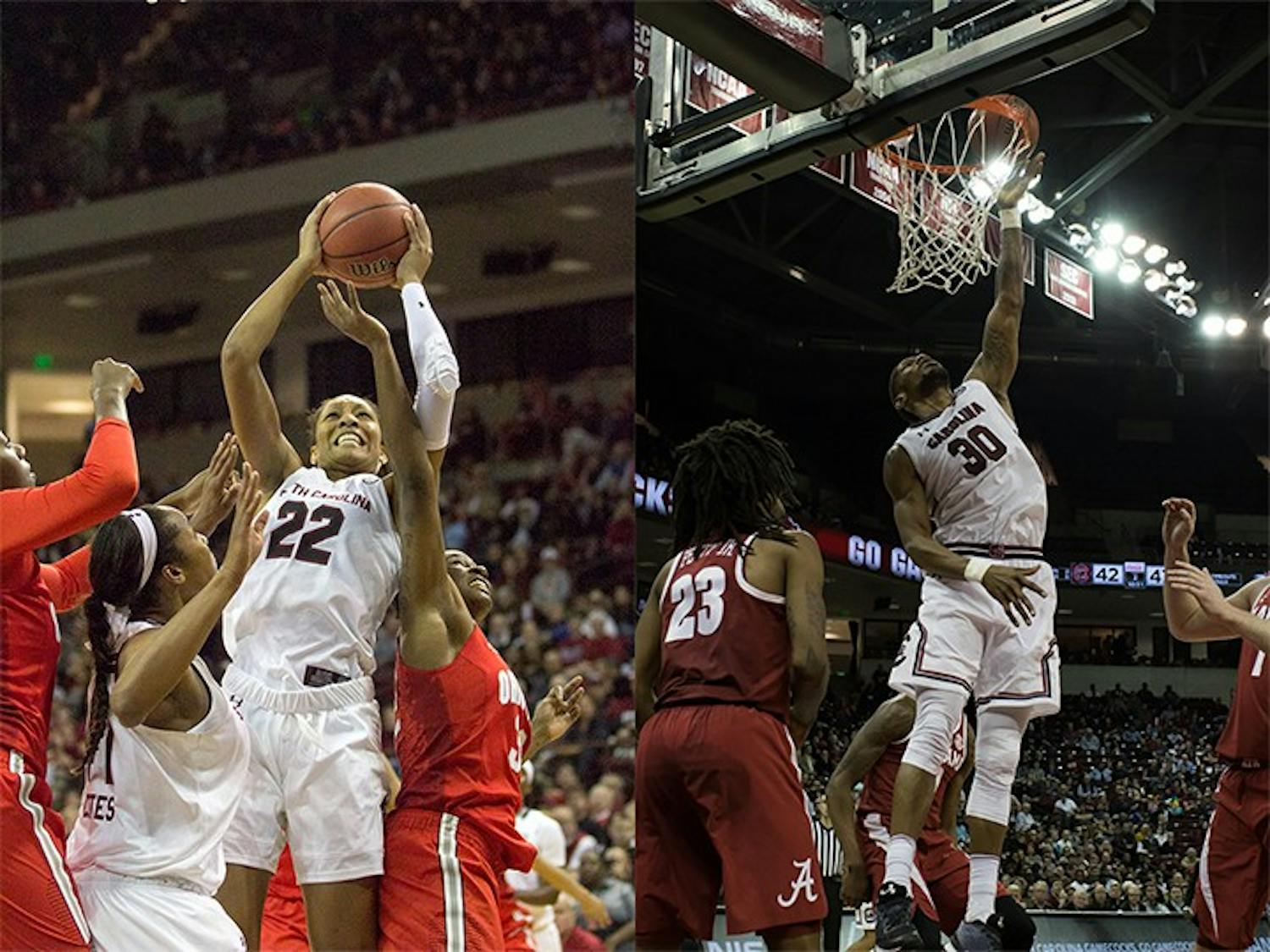 (Left) A'ja Wilson drives for a layup. (Right) Chris Silva jumps for a ball in a game against Alabama. Both players have made it to their leagues' championship this season.