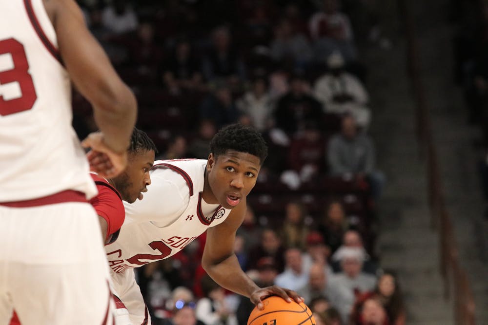 <p>FILE—Freshman forward Gregory “GG” Jackson II dribbles around a Razorback defender on Feb. 4, 2023. Jackson declared for the NBA draft in an Instagram Live video on Friday.</p>
