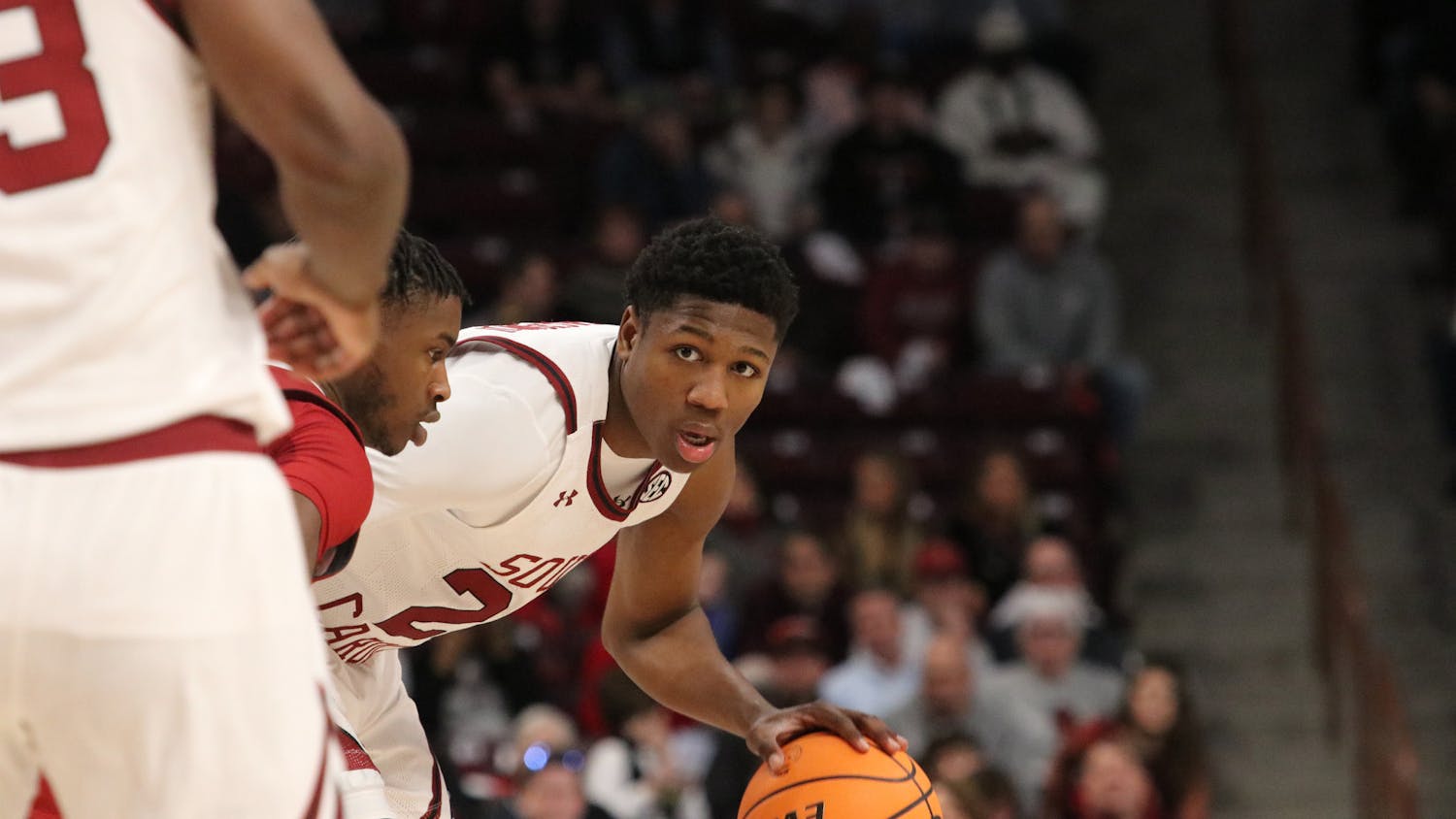 FILE—Freshman forward Gregory “GG” Jackson II dribbles around a Razorback defender on Feb. 4, 2023. Jackson declared for the NBA draft in an Instagram Live video on Friday.