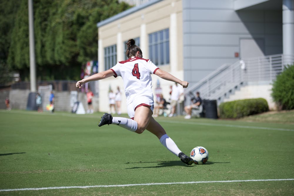 Freshman forward Shae O’Rourke gets ready to send a long pass down the field in South Carolina's match against Arkansas on Sept. 25, 2022