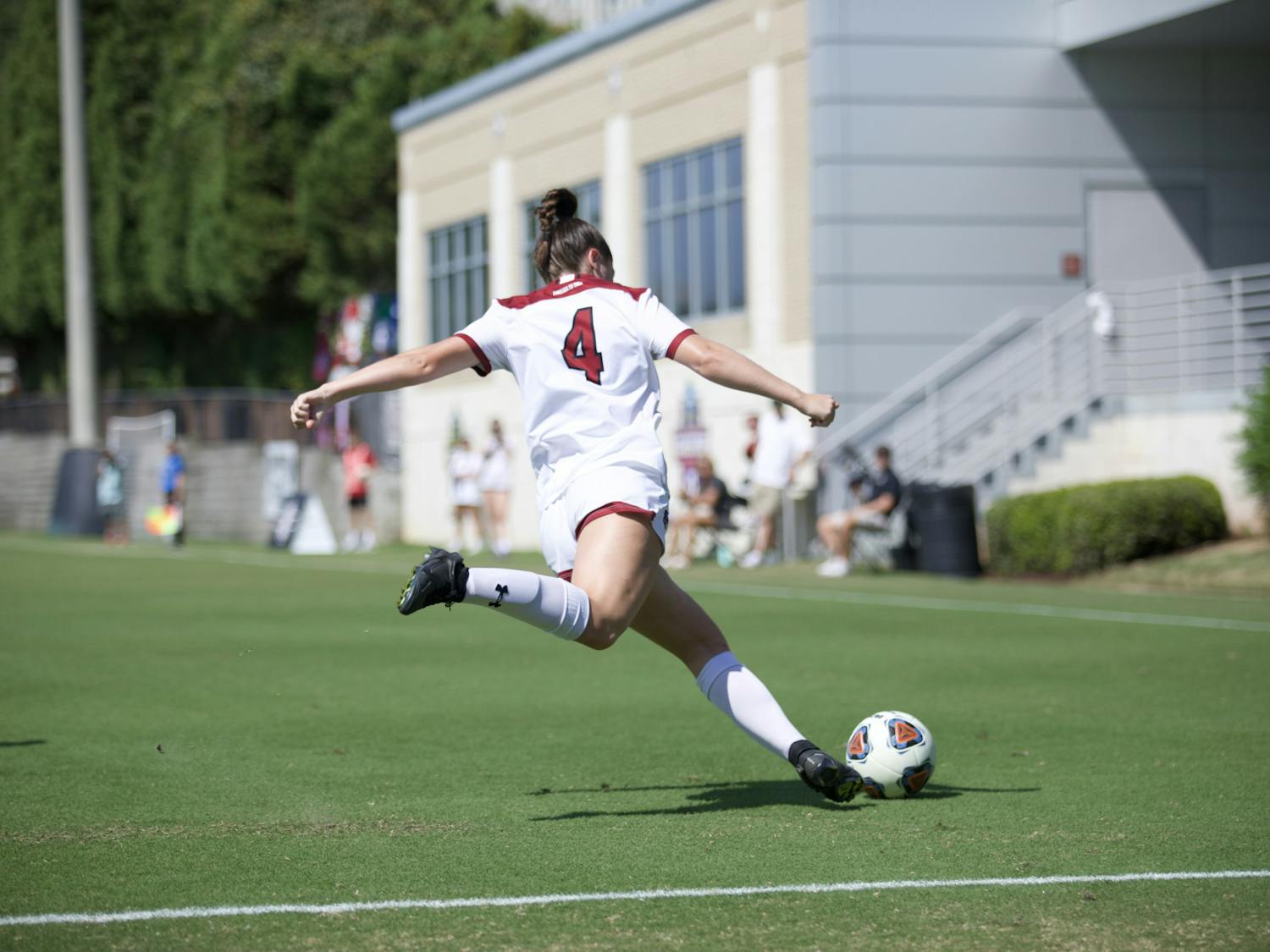 Freshman forward Shae O’Rourke gets ready to send a long pass down the field in South Carolina's match against Arkansas on Sept. 25, 2022