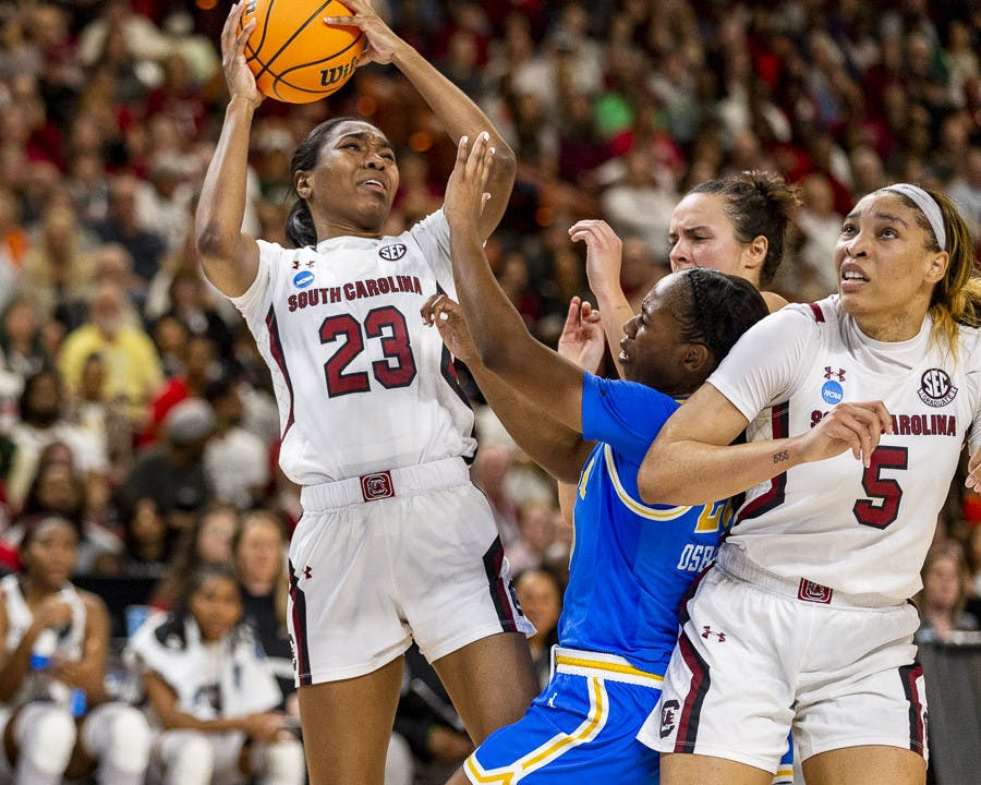 Sophomore guard Bree Hall attempts to make a point during the matchup between South Carolina and UCLA at Bon Secours Wellness Arena in Greenville, South Carolina, on March 25, 2023. The Gamecocks beat the Bruins 59-43 and will move on to the Elite Eight tournament.&nbsp;
