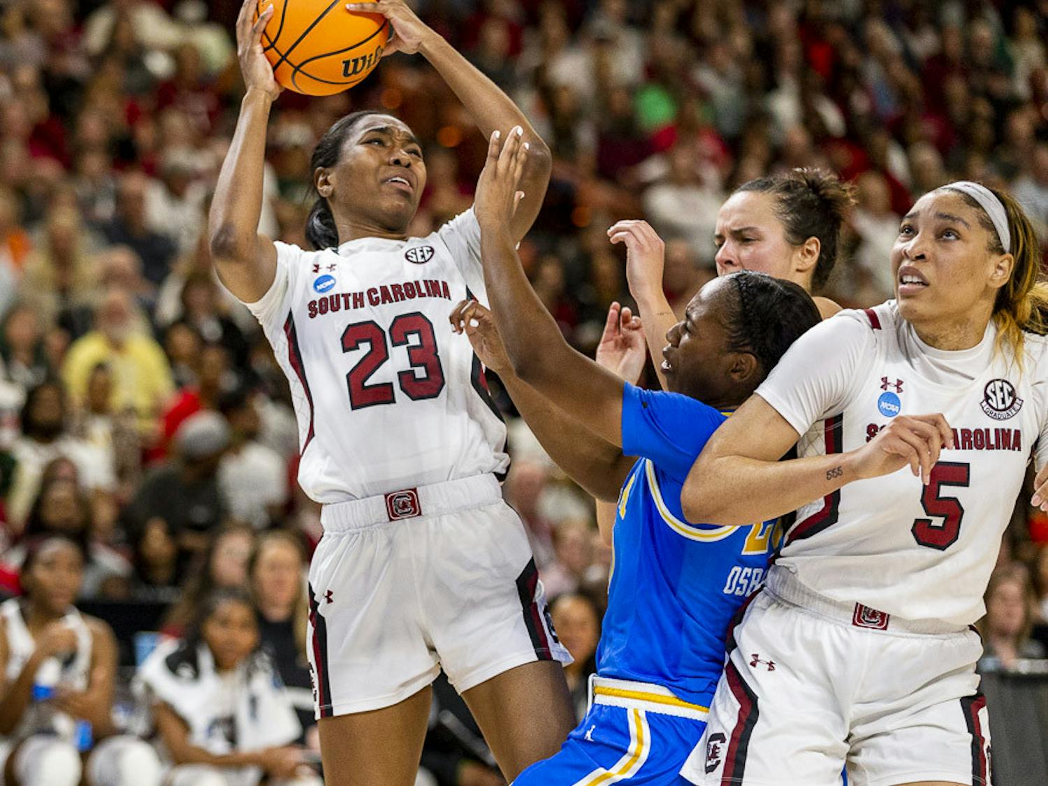 Sophomore guard Bree Hall attempts to make a point during the matchup between South Carolina and UCLA at Bon Secours Wellness Arena in Greenville, South Carolina, on March 25, 2023. The Gamecocks beat the Bruins 59-43 and will move on to the Elite Eight tournament.&nbsp;
