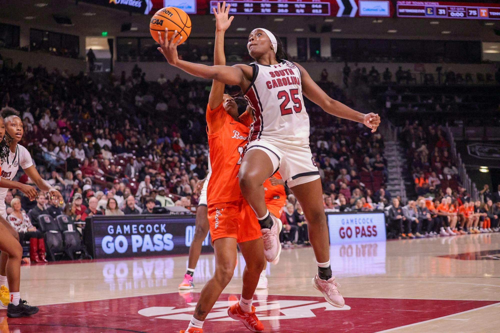 FILE — Senior guard Raven Johnson goes up for a shot during the first half against Bowling Green on Nov. 7, 2025, at Colonial Life Arena. Johnson is averaging 9 points per game for the Gamecocks this season.