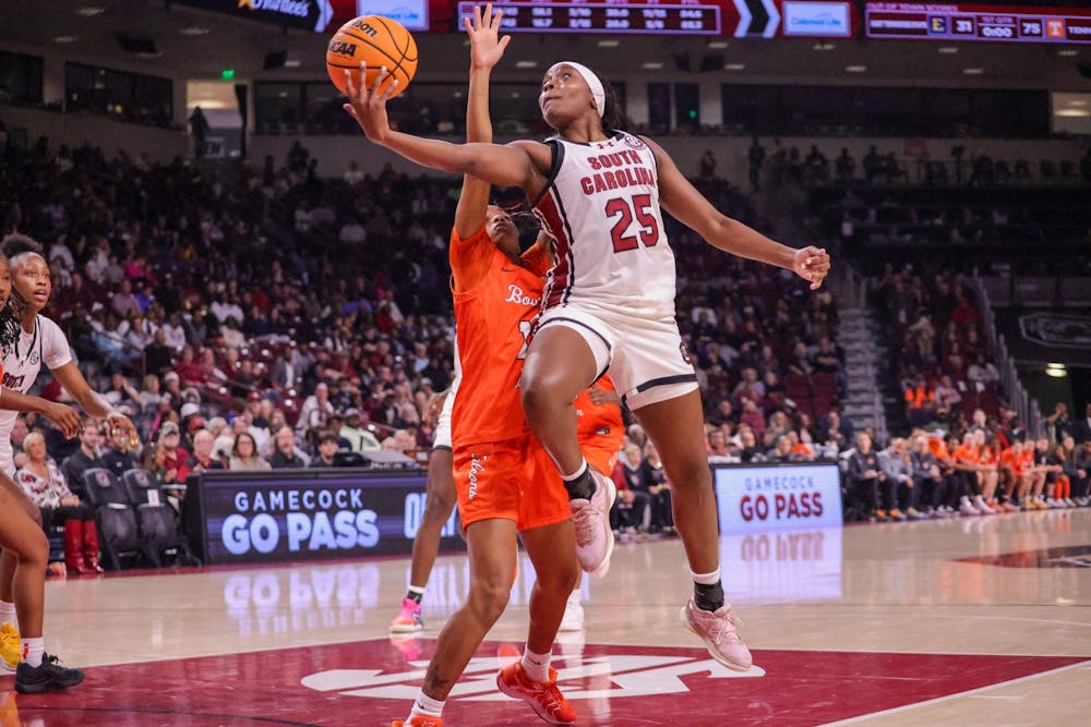 <p>FILE — Senior guard Raven Johnson goes up for a shot during the first half against Bowling Green on Nov. 7, 2025, at Colonial Life Arena. Johnson is averaging 9 points per game for the Gamecocks this season.</p>