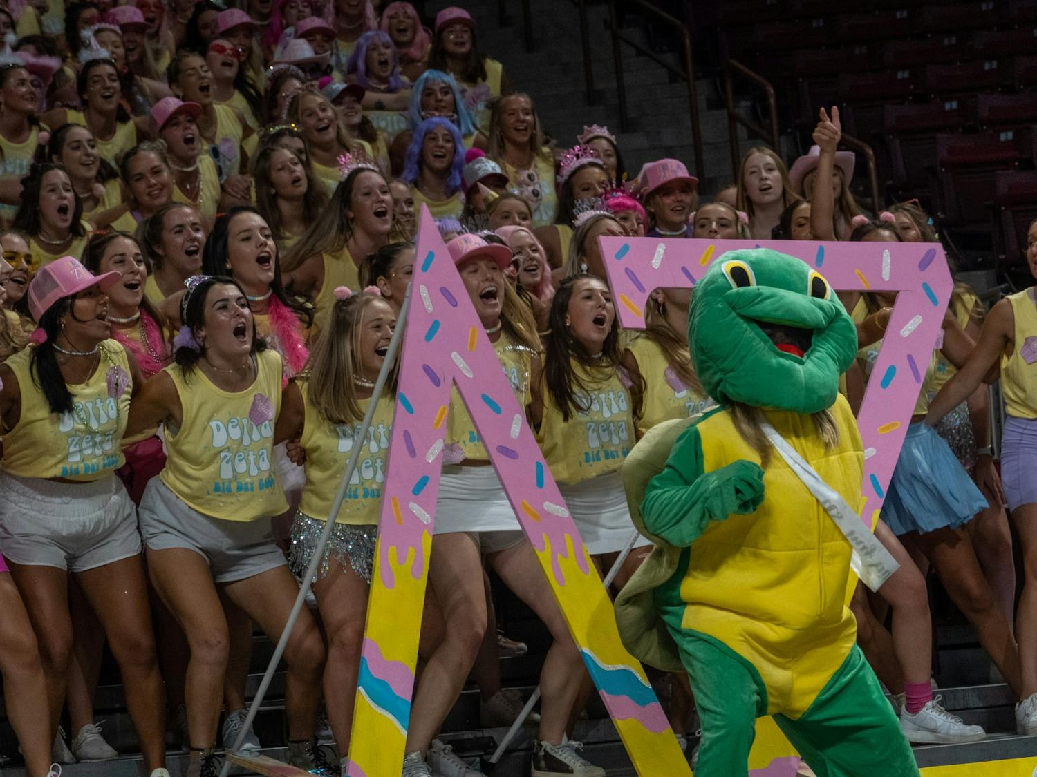 USC Sororities gathered Sunday afternoon, Aug. 21, 2022 at the Colonial Life Arena for Bid Day. Several chapters dressed up in matching uniforms and costumes to celebrate new members.
