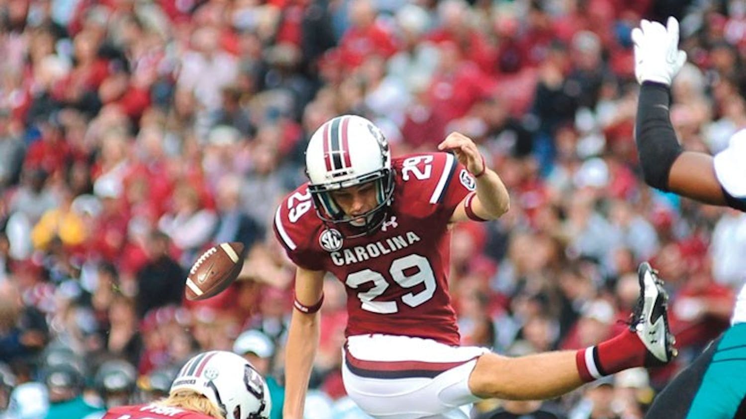 South Carolina kicker Elliot Fry scores an extra point during the first quarter against Coastal Carolina at Williams-Brice Stadium in Columbia, S.C., on Saturday, Nov. 23, 2013. The Gamecocks defeated the Chanticleers, 70-10. (C. Michael Bergen/The State/MCT)
