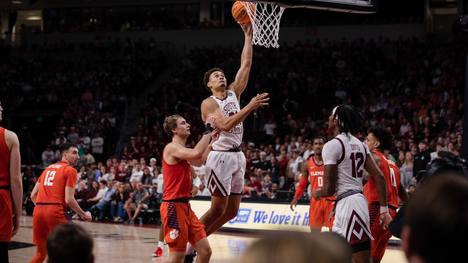 FILE — Redshirt junior forward Benjamin Bosmans-Verdonk attempts a layup during a close game against Clemson on Nov. 11, 2022. The Gamecocks beat the Tigers 60-58.