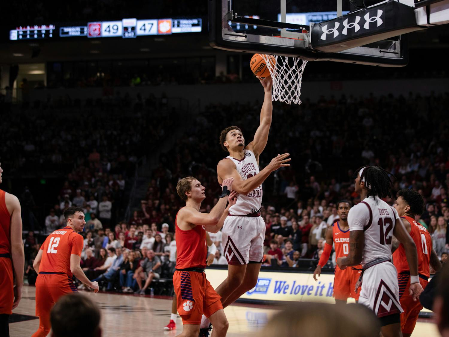 FILE — Redshirt junior forward Benjamin Bosmans-Verdonk attempts a layup during a close game against Clemson on Nov. 11, 2022. The Gamecocks beat the Tigers 60-58.