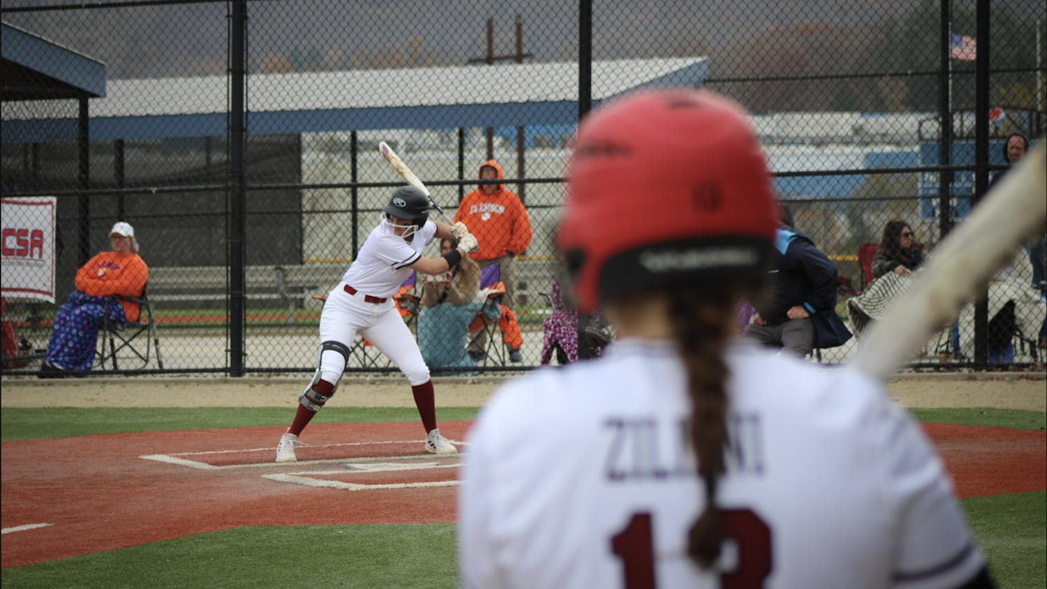 First baseman Katie Ziliani watches Outfielder and first baseman Hayley Belli prepare to bat during South Carolina Club Softball's game against Clemson on Nov. 10, 2024. The Gamecocks defeated the Tigers 12-11.