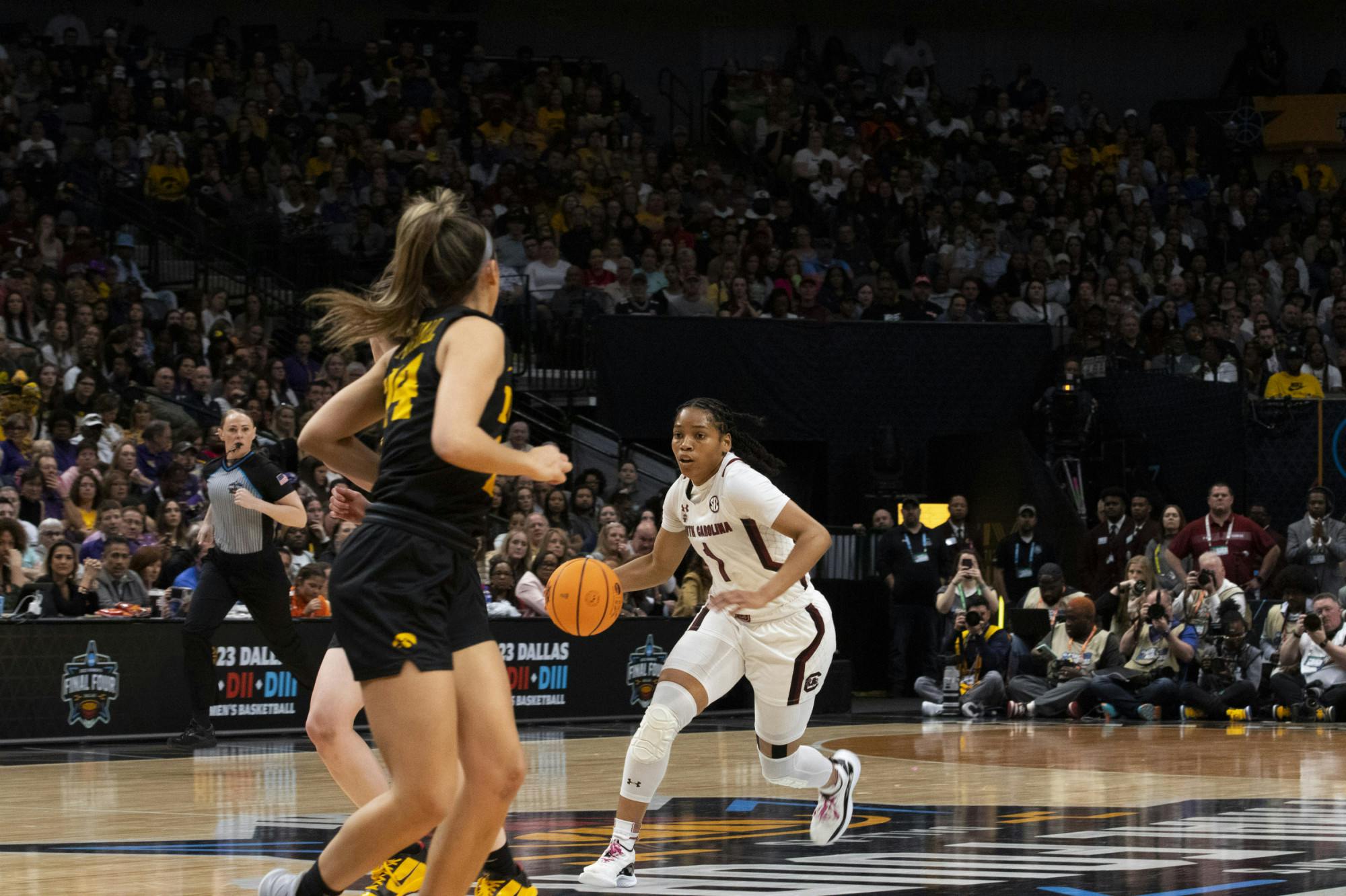 Senior guard Zia Cooke rushes down the court on a breakaway during the Final Four match between the University of South Carolina and the University of Iowa on March 31, 2023. Cooke put up 24 of the Gamecocks' 73 points, but the team was 4 points short of the win.&nbsp;