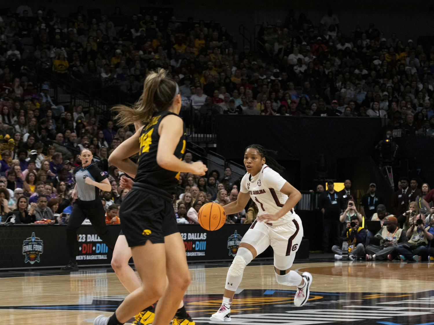 Senior guard Zia Cooke rushes down the court on a breakaway during the Final Four match between the University of South Carolina and the University of Iowa on March 31, 2023. Cooke put up 24 of the Gamecocks' 73 points, but the team was 4 points short of the win.&nbsp;
