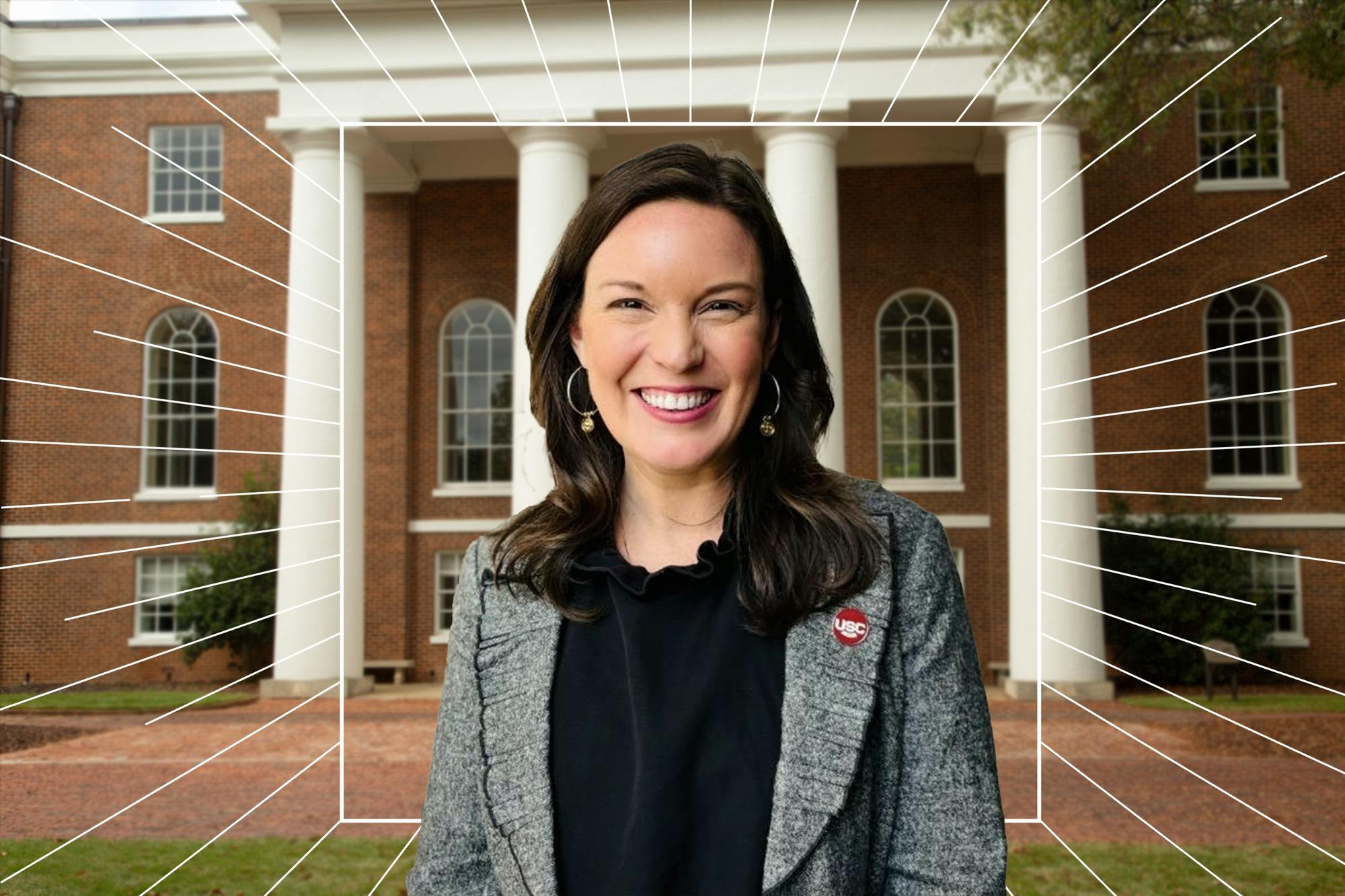 A portrait of Ambra Hiott in front of a brick building with a white square-framed sunburst around her.