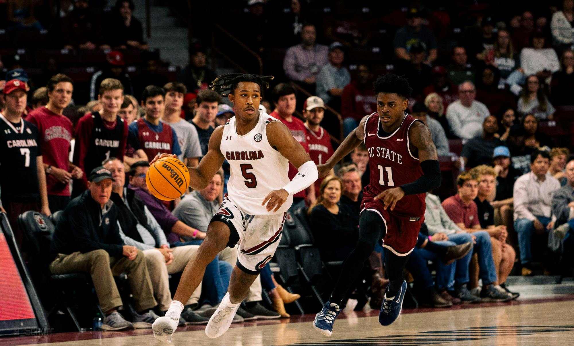FILE — Sophomore guard Meechie Johnson runs down the court past SC State players during a breakaway. The Gamecocks defeated the Bulldogs 80-77 in their season opener on Nov. 8, 2022.&nbsp;