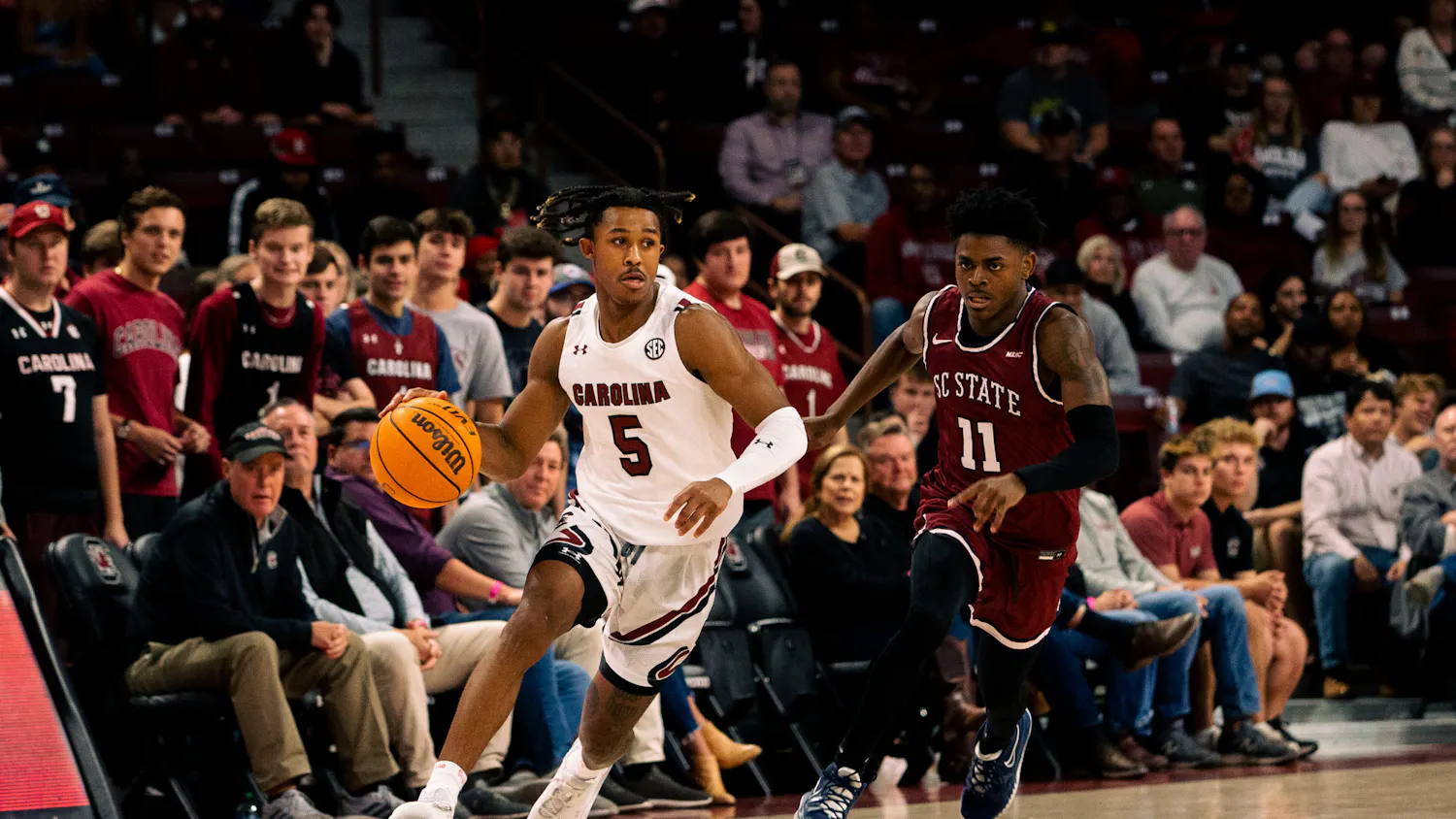 FILE — Sophomore guard Meechie Johnson runs down the court past SC State players during a breakaway. The Gamecocks defeated the Bulldogs 80-77 in their season opener on Nov. 8, 2022. 