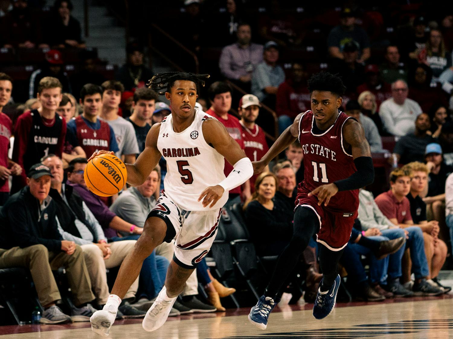 FILE — Sophomore guard Meechie Johnson runs down the court past SC State players during a breakaway. The Gamecocks defeated the Bulldogs 80-77 in their season opener on Nov. 8, 2022.&nbsp;