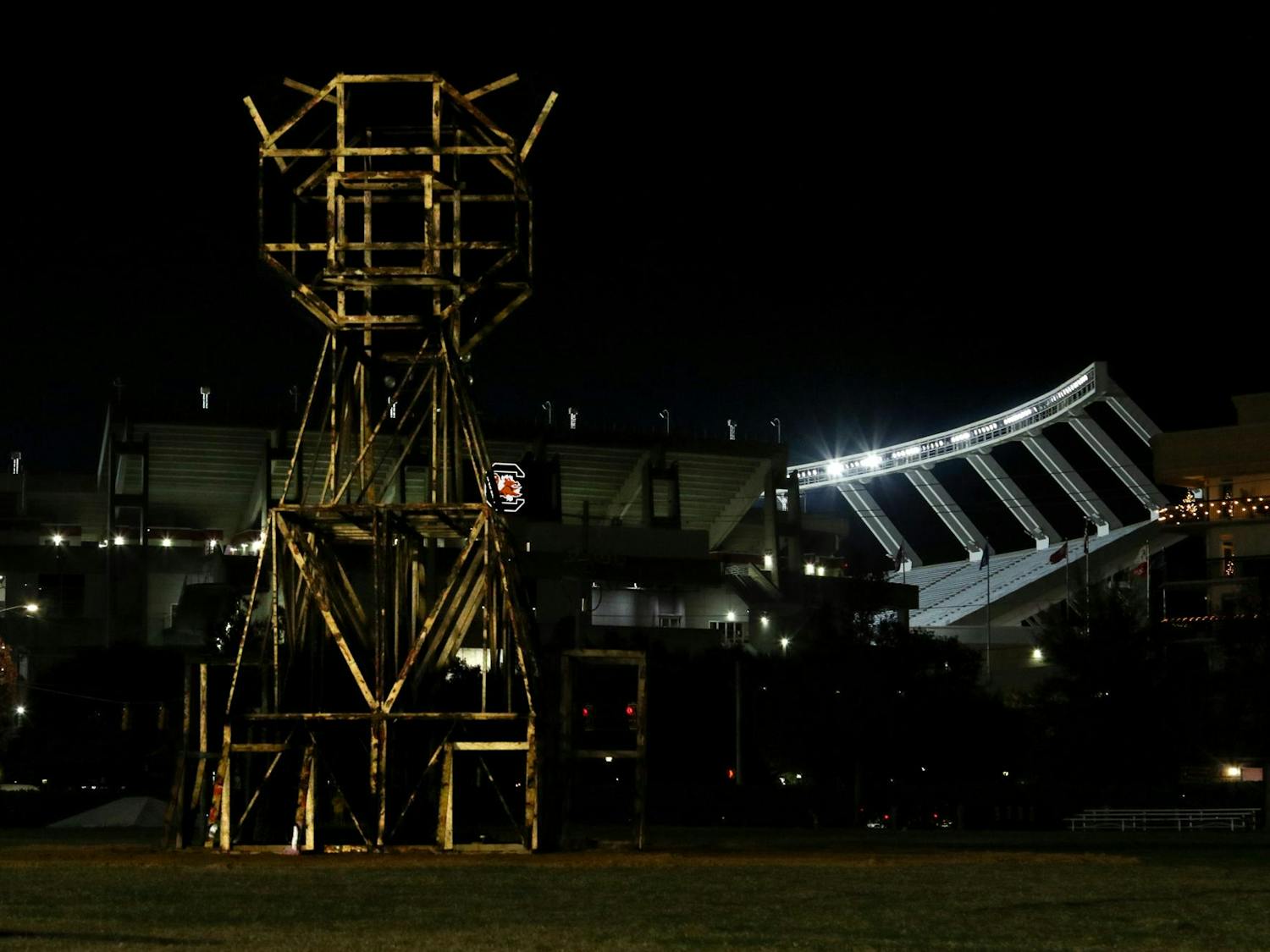 The frame of a charred tiger stands in front of Williams-Brice Stadium after the annual Tiger Burn. South Carolina will conclude its season on Saturday when it takes on rival Clemson on Nov. 25, 2023, at 7:30 p.m.