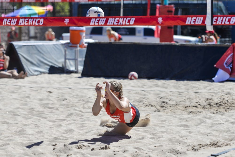 Senior Lise Rugland dives for the ball during the Lobos’ match against Colorado Mesa on Friday, March 18, 2016 at the Lucky 66 Bowl. The Lobos went 3-3 in the Stetson Beach Invitational this past weekend.