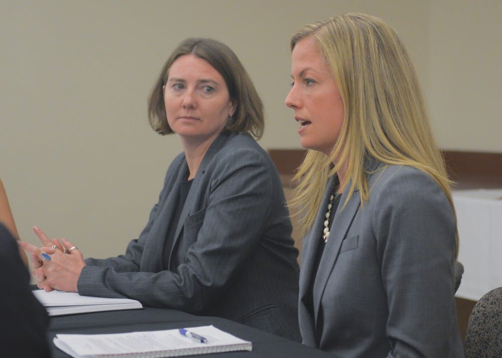 Department of Justice representatives Torey Cummings, right, and Colleen Phillips talks at the UNM focus group meeting on Monday evening at the SUB. The DOJ held three focus group meetings this week about sexual assault with students. 
