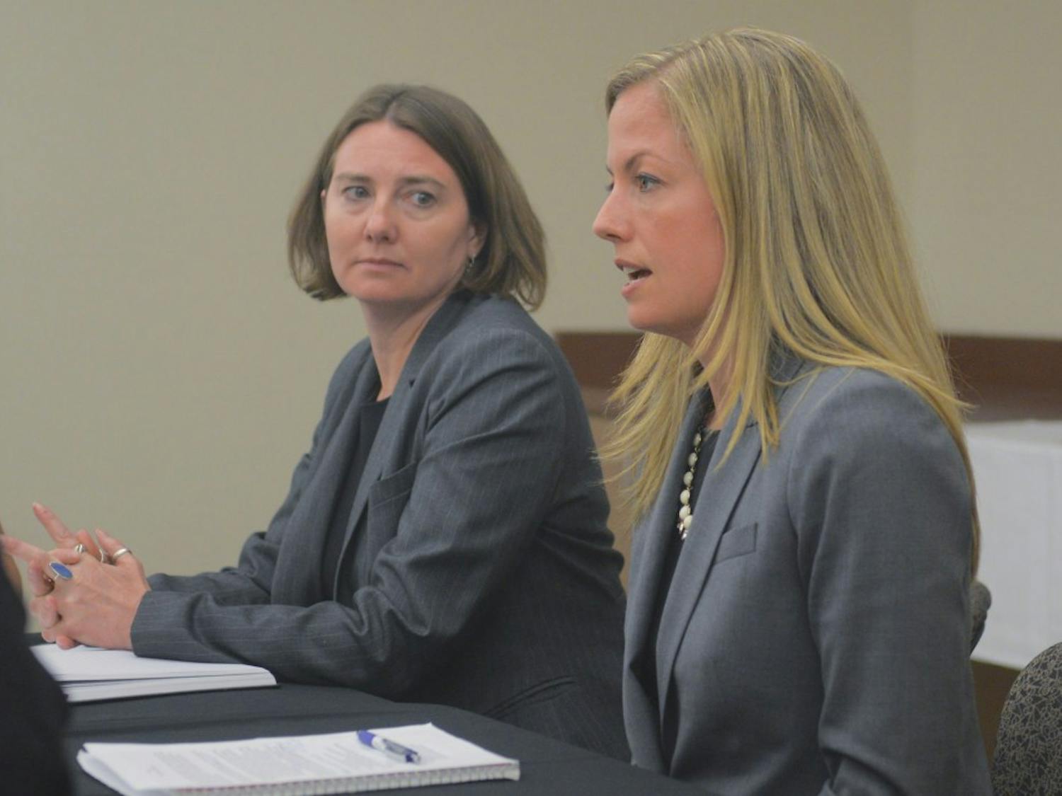 Department of Justice representatives Torey Cummings, right, and Colleen Phillips talks at the UNM focus group meeting on Monday evening at the SUB. The DOJ held three focus group meetings this week about sexual assault with students. 
