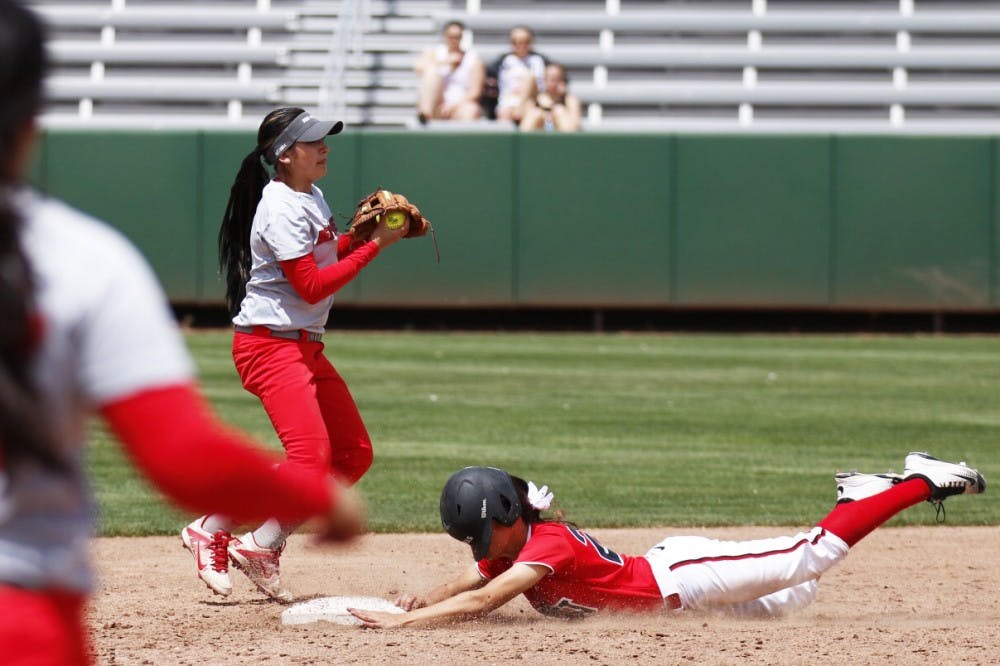 Junior Michala Erickson gets a force out on a UNLV runner Saturday April 23, 2016 at the Lobo Softball Fields. The Lobos will play Boise State this Friday in Boise, Idaho.