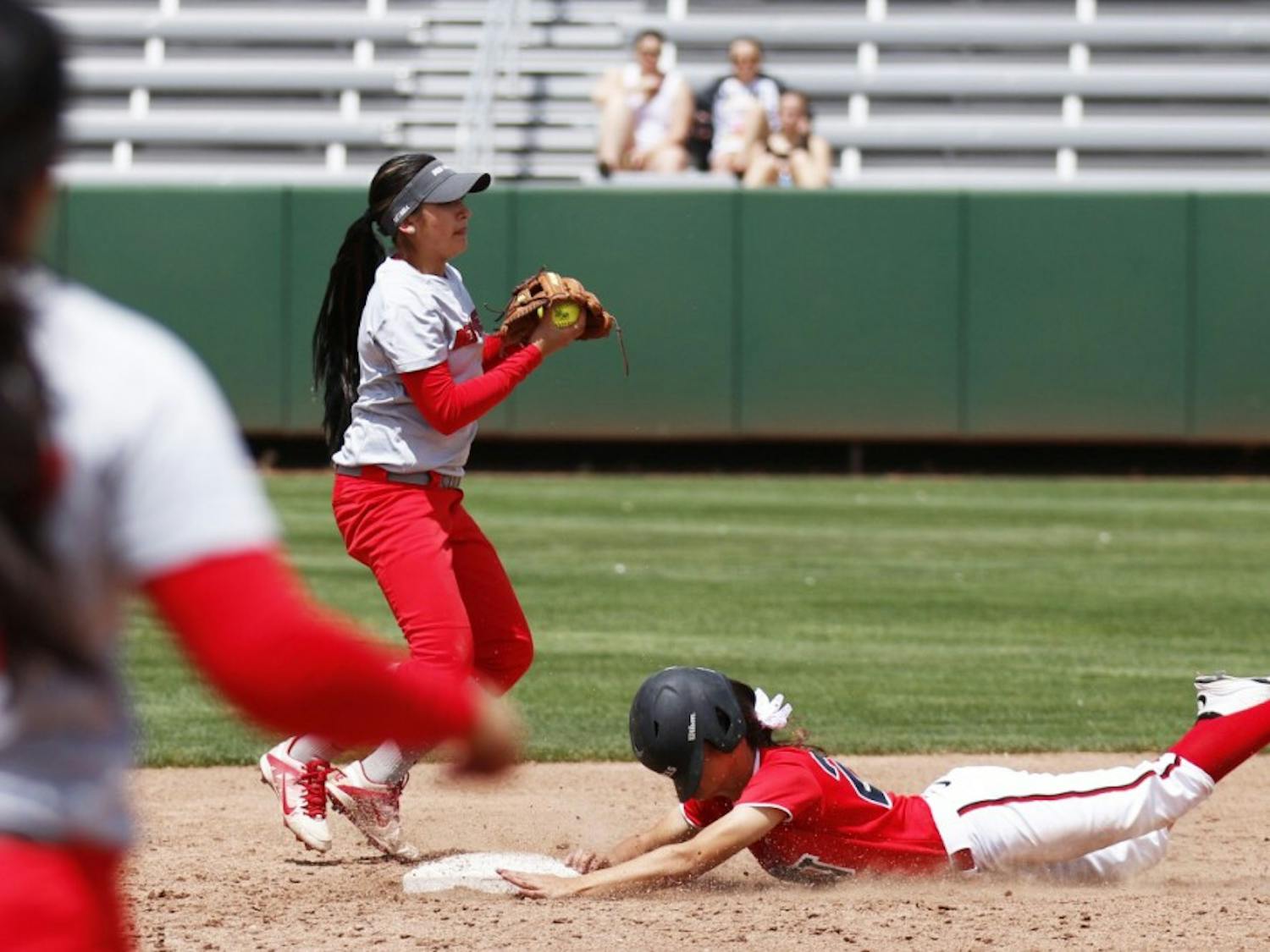 Junior Michala Erickson gets a force out on a UNLV runner Saturday April 23, 2016 at the Lobo Softball Fields. The Lobos will play Boise State this Friday in Boise, Idaho.
